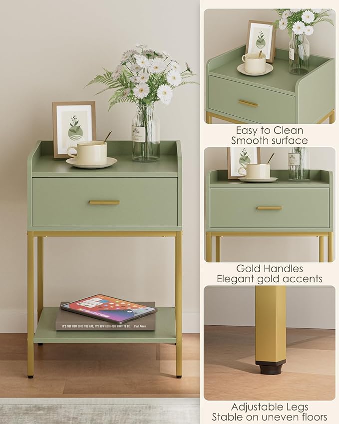 Masupu Nightstand,Bedside Table 3-Tier Modern Night Stand with Storage Drawer and Shelf,Small End Side Table for Bedroom,Living Room,Black (Without Outlet, Green)