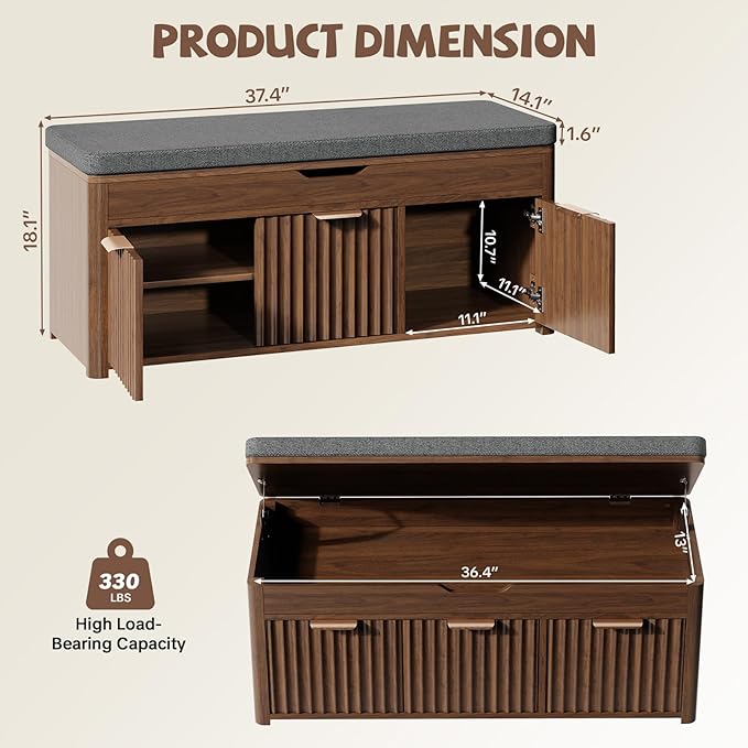 Shoe Bench with Storage - Lift Top Entryway Bench with Hidden Storage, Shoe Rack with Adjustable Shelves and Cushioned Seat, Wooden End of Bed Bench for Bedroom, Living Room and Hallway,Walnut