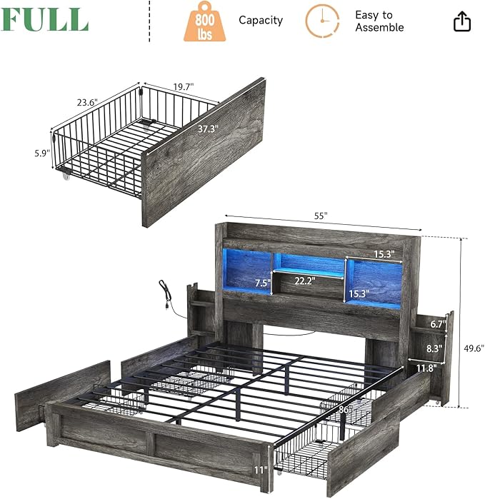 AMERLIFE Full Size Bed Frame with 4 Storage Drawers, LED Bed Frame with 49“ Tall Bookcase Headboard, Wood Platform Bed with Charging Station & 2 Slide Bedside Shelf, No Box Spring Needed/Rustic Grey