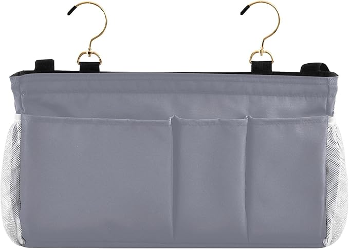KOPIRIT Grey Bedside Caddy Storage Bag Bedside Organizer for Dorm Room Top Bunk Bed Organizer Caddy Hanging Shelf 6 Pockets with Hooks for Book Glasses Phone Holder