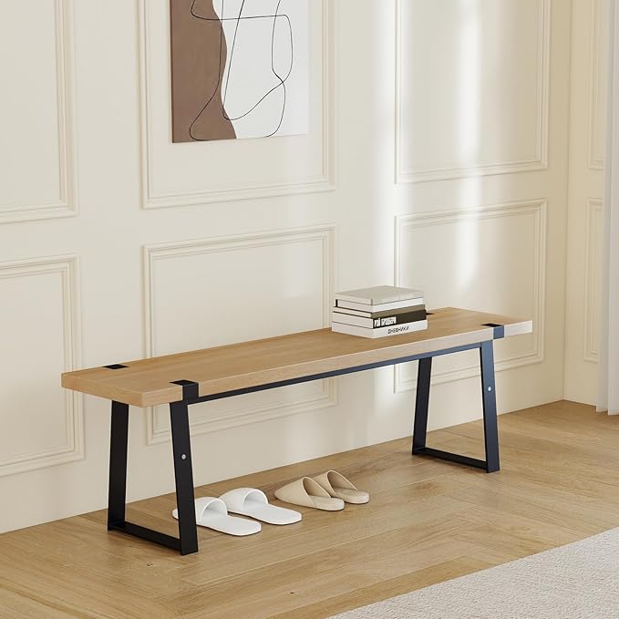 Wooden Dining Bench 60” Industrial Table Benches, Seating Chair Rustic Indoor Benches, Mid Century Kitchen Bench with Metal Legs, Light Oak