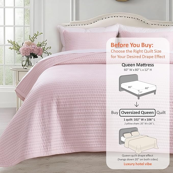 KASENTEX Oversized Queen Quilt Set 102"x106" – Soft Washed 3-Layer Lightweight Bedspread, Minimalist Nordic Design, All-Season Spring & Summer Quilt Set (1 Quilt + 2 Pillow Shams), Pink