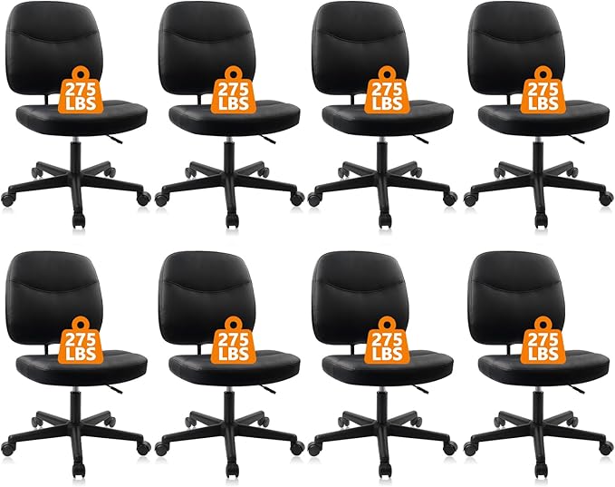 CLATINA Armless Home Office Chair, Small PU Leather Ergonomic Low Back Desk Chair with Lumbar Support and Wheels, Adjustable Height 360° Swivel Rolling Computer Task Chair, Black, 8 Pack