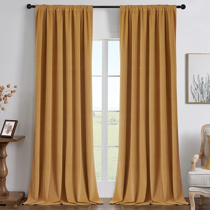 Joydeco Mustard Yellow 100% Blackout Curtains 96 Inch 2 Panels, Luxury Thermal Yellow Velvet Curtains for Bedroom Living Room, Soundproof Blackout Window Drapes, Rod Pocket & Back Tab (52W x 96L)