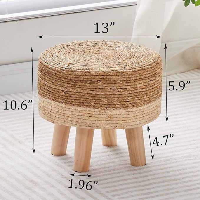 Wimarsbon Round Foot Stool Natural Seagrass Poufs Ottoman Hand Weave Footrest Stool for Couch Desk Extra Seat Step Stool with Solid Wood Legs for Hallway Patio Lounge White