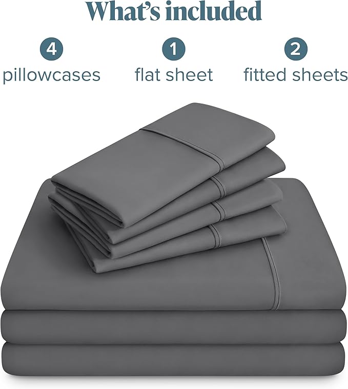Bare Home Hotel Luxury Split King Sheet Set, Extra Soft - 7 Piece Set - Deep Pockets - Easy Fit - Cooling & Breathable - Wrinkle, Fade, Stain Resistant - Includes 4 Pillowcases (Split King, Grey)