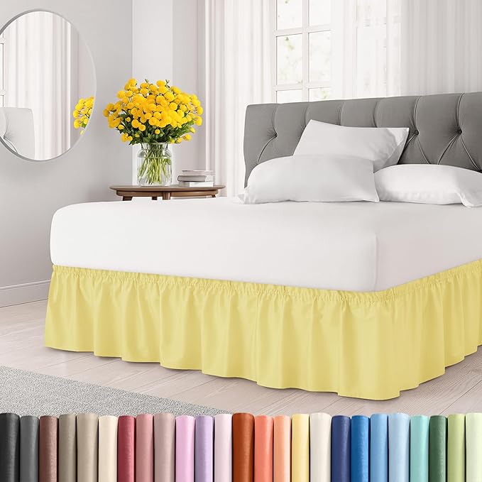 Wrap Around Dust Ruffle Bed Skirt - Yellow - for King Size Beds with 21 Inch Drop - Easy Fit Elastic Strap - Adjustable Pleated Bedskirt w/Brushed Fabric - Wrinkle Free - for Women, Men, Kids & Teens