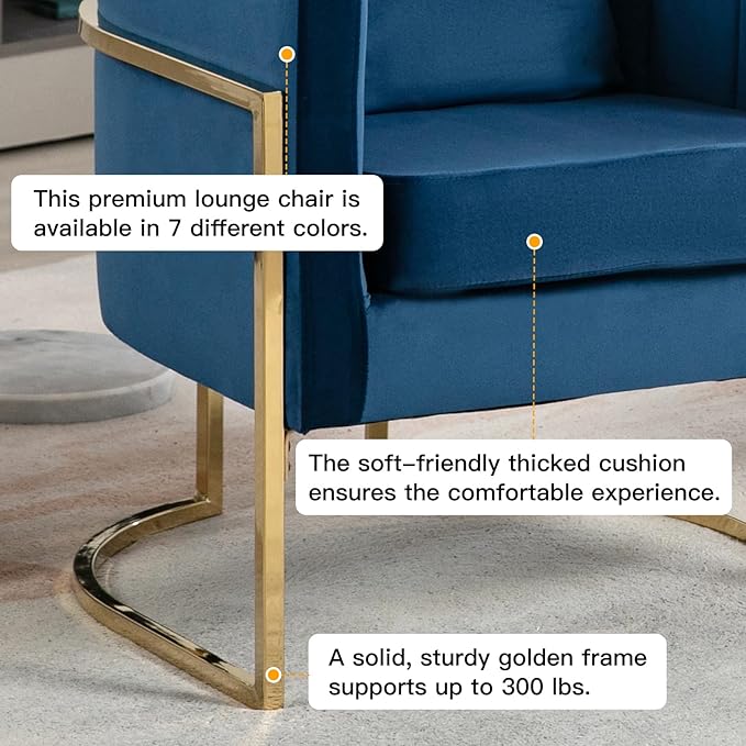 Velvet Modern Accent Chair, Upholstered Barrel Armchair Mid Century with Pillow for Living Room, Comfy Single Vanity Chair with Metal Gold Legs for Bedroom, Blue