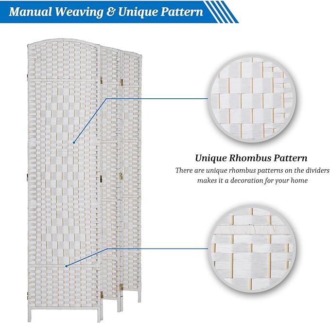VINGLI 6-Panels Tall Rattan Room Divider, 6 FT Folding Privacy Screen, Indoor Partition Wall Dividers, Freestanding Hinged Space Separator (White)