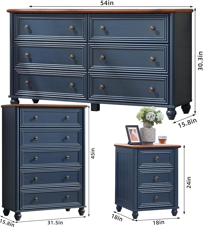 Farmhouse Dressers & Night Stand Set of 4, Wood 54" Wide Dresser & 45" Tall Chest of Drawers, 18" with Charging Station Nightstand Set of 2, Bedroom Furniture Dresser Set for Home Living Room Hallway
