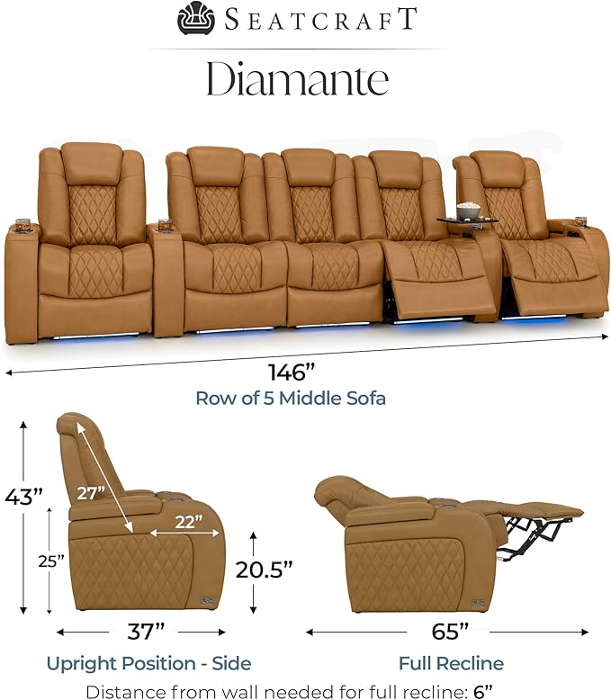Seatcraft Diamante Zero-Gravity CoolZero Italian Leather Home Theater Seating, Power Headrest, Power Recline, Row of 5 Middle Sofa, Tan Oak