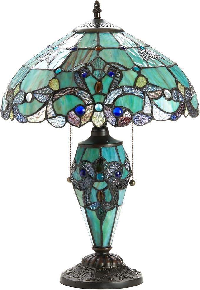 RIVER OF GOODS - Stained Glass Halston Double Lit Table Lamp - 20" H - Decorative Lamp for Bedroom - Bedside Lamp - Desk Lamps for Home Office - Tiffany Style - Green and Blue