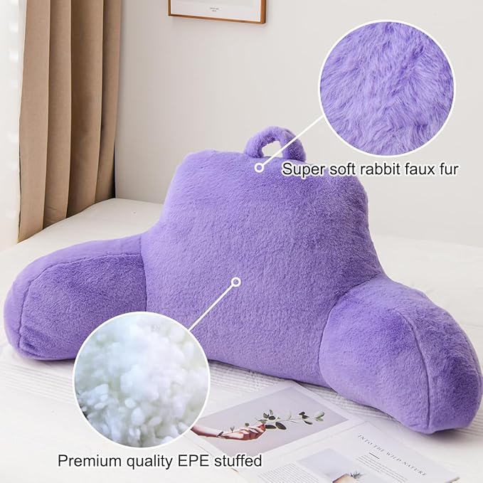 Holawakaka Reading Pillow for Sitting up in Bed Sofa Kids Teens, Backrest Pillow with Arms for Girls Women Petites Pregnancy, Back Support Cushion for Couch Floor Nursery Playroom (Lavender)