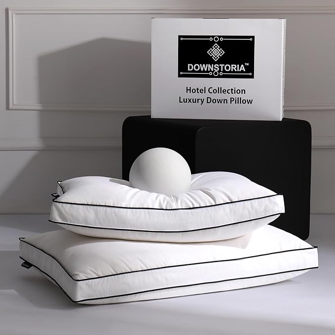 Feather Down Pillows Standard Size Set of 2 with Gusset, Luxury Hotel Collection Bed Pillow 2 Pack, Down Surrounded Gusseted Pillows for Sleeping, Firm for Side, Back Sleepers 20x26 in.