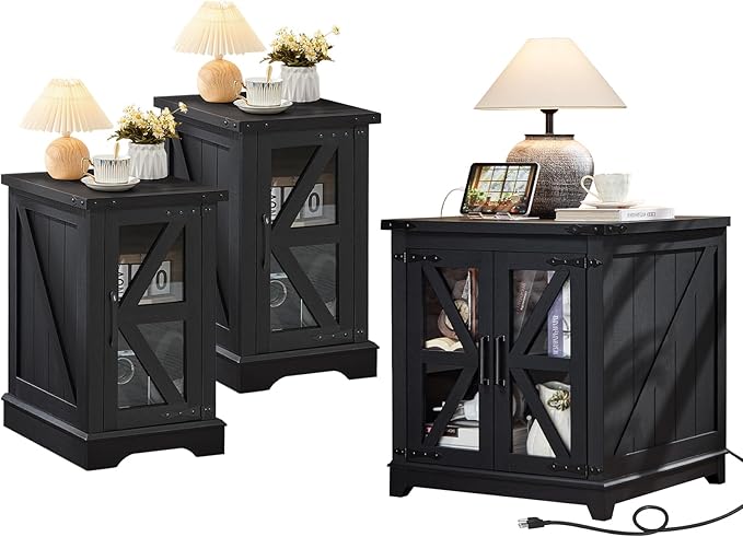 Farmhouse End Table Set 3, Narrow 18'' Night Stand with Glass Barn Door, 24" Square Side Table with Charger Station, Living Room Furniture Sets, Wood Nightstand Bedside Tables for Bedroom