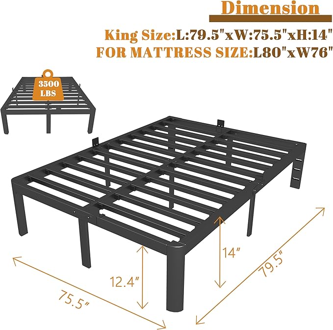 King Size Bed Frame 14 Inch, Black King Bed Frame with Metal Baffles, No Box Spring Needed, Heavy Duty Steel Platform Support, Round Corner Legs, Noiseless, Storage Space, Noiseless