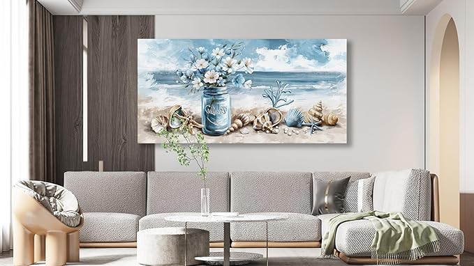 yearainn Coastal Canvas Wall Art - Rustic Jar Flowers Pictures Wall Decor Seashells Seaside Painting Artwork Ocean Landscape Prints for Living Room Bedroom Office Home Decor Ready to Hang 58" x 29"