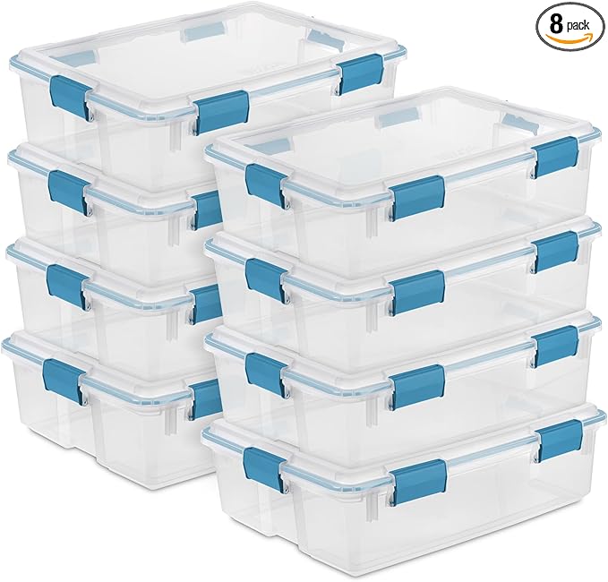 Sterilite 8-Pack Gasket Box, Weather-Resistant Storage Bins with Latching Lids, 37 Quart - Heavy-Duty Organizing Containers for Closet, Bathroom, and Office