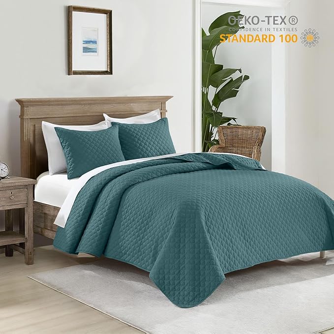 HORIMOTE HOME Quilt Twin Size Teal Blue, Lightweight Quilt for Summer Ultra-Soft Microfiber Modern Style Quilted Clouds Pattern Bedspread Quit Set 2 Pieces (1 Quilt and 1 Pillow Sham)