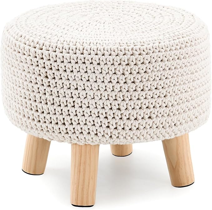 LGENHOOM Boho Ottoman Foot Stool Cotton Knitted Round Pouf Ottoman Foot Rest Stool with Non-Skid Wooden Legs Step Stool Padded Seat for Living Room White