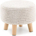 LGENHOOM Boho Ottoman Foot Stool Cotton Knitted Round Pouf Ottoman Foot Rest Stool with Non-Skid Wooden Legs Step Stool Padded Seat for Living Room White