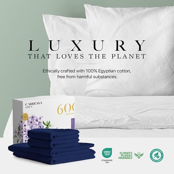 Carressa Linen 100% Egyptian Cotton King Size Sheets Set - 600 Thread Count Egyptian Cotton Queen Sheets King Size (4 PC, Navy Blue), Soft, Cooling, 16" Deep Pocket Sateen Weave Luxury Hotel Bed Sheet