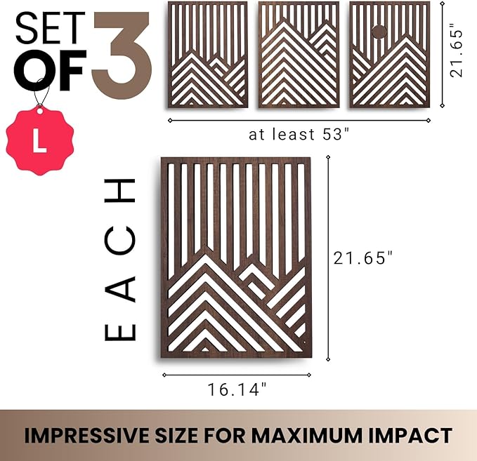 qmmp Modern Wooden Wall Sculptures - Set of 3 - Home Decor Accent - Large Wall Art for Living Room, Bedroom, Office - Easy Installation (Walnut, Large - Mountain and Sun, Unframed)