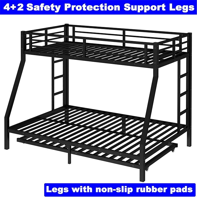 Upgraded Version Thicken Stronger Metal Heavy-Duty Twin XL Over Queen Bunk Bed with Twin Size Trundle, Twin Over Queen Bunk Bed for Adults with Ladders, Easy Assemble (Twin XL/Queen)