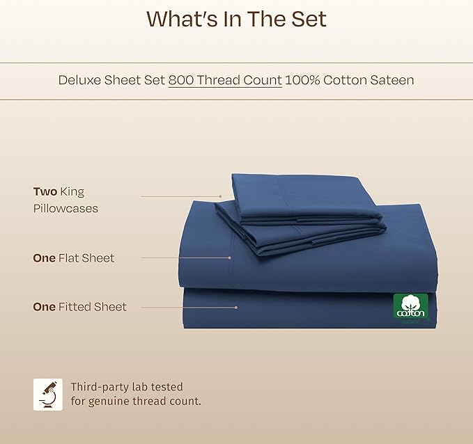 California Design Den King Size Sheets Set Cotton - Luxury Hotel 800 Thread Count Sateen, Natural 100% Cotton King Bed Sheets, Deep Pockets for a Snug Fit, Durable Bedding - Navy Blue