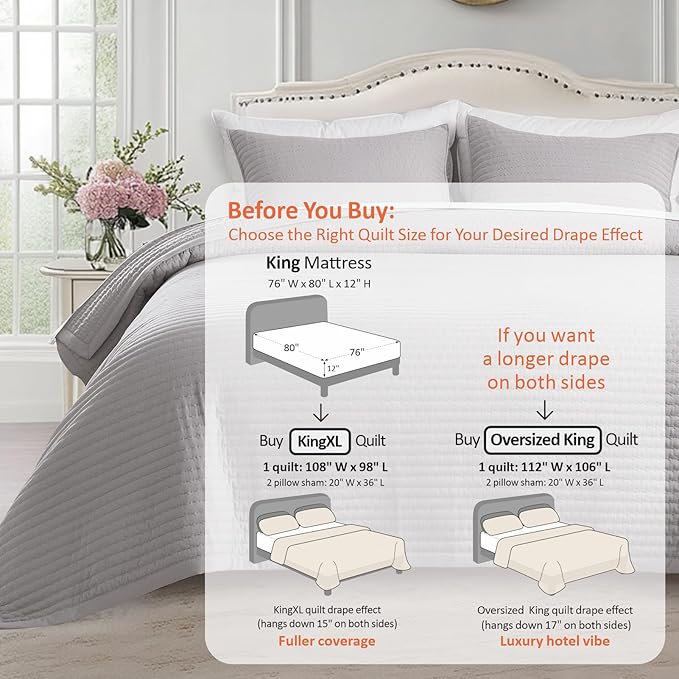 KASENTEX King XL Quilt Set 108"x98" – Soft Washed 3-Layer Lightweight Bedspread, Minimalist Nordic Design, All-Season Spring & Summer Quilt Set (1 Quilt + 2 Pillow Shams), Gull