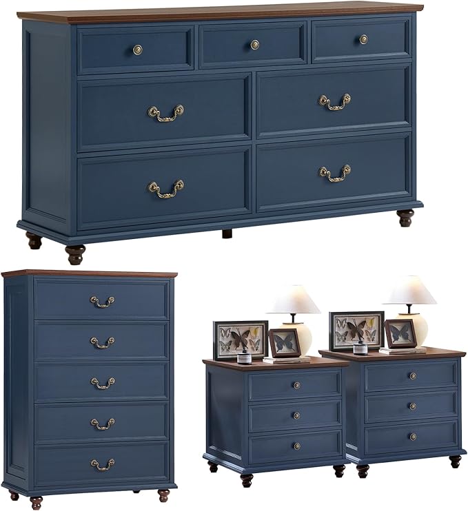 24" Wide Farmhouse Nightstand Set of 2, 54" 7 Drawers Dresser, 45" Tall Rustic Chests of 5 Drawers w/ 4 Solid Wood Feet, Farmhouse Furniture Series for Living Room,Bedroom,DarkBlue
