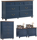 24" Wide Farmhouse Nightstand Set of 2, 54" 7 Drawers Dresser, 45" Tall Rustic Chests of 5 Drawers w/ 4 Solid Wood Feet, Farmhouse Furniture Series for Living Room,Bedroom,DarkBlue