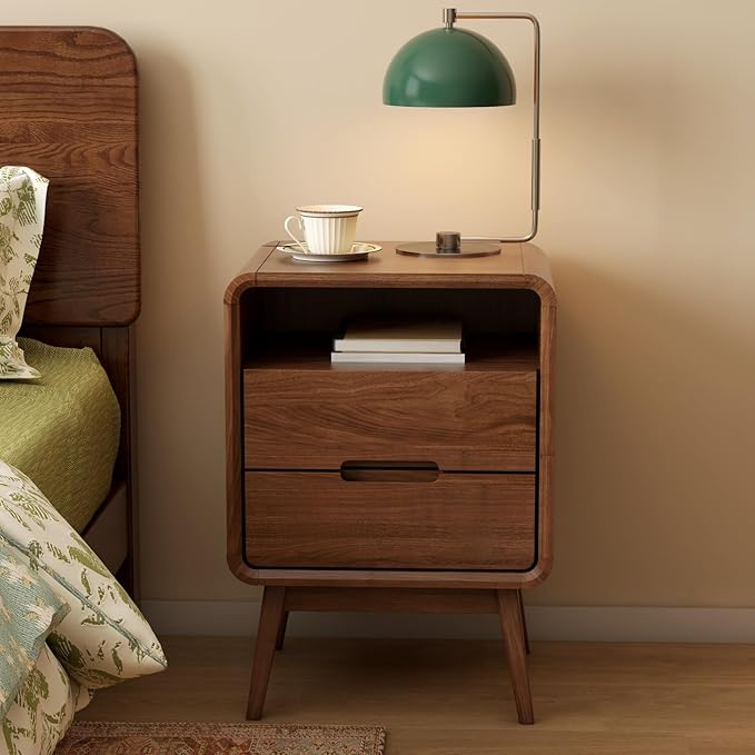Walnut Nightstand Solid Wood Night Stand, Dark Wood Nightstands with 2 Drawers & Open Shelf, Mid Century Modern Nightstand, Wooden Bedside Table for Bedroom(Dark Black Walnut,23.23" H)