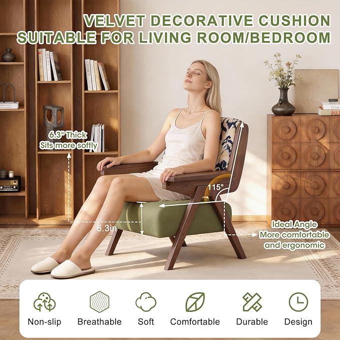 Accent Chair Mid Century Modern Chair, Velvet Upholstered Lounge Arm Chair with Solid Wood, Cozy Reading Chair for Living Room, Bedroom, Balcony (Feather Print, Single Chair)