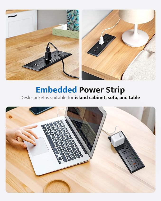 Recessed Power Strip with 20W USB C Port, Fast Charging USB A Port Conference Recessed Outlet, Space-Saver for Furniture Side Table, End Table, Desk Outlet with 6ft Cord, 45° Thin Flat Plug, Black