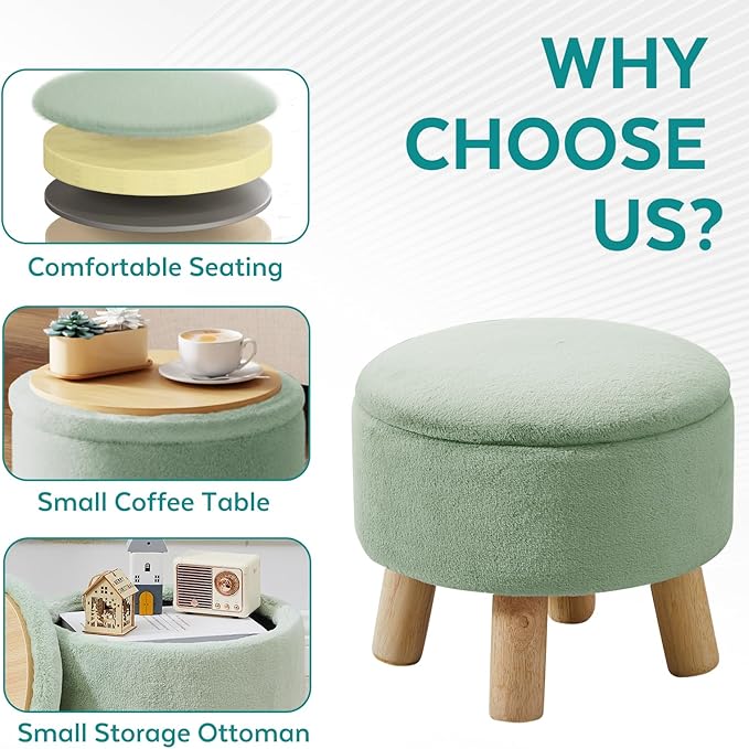 FIMIVIBI Small Foot Stool Ottoman with Storage, Soft Faux Fur Ottoman Foot Rest for Couch, Round Footstool with Storage, Small Ottomans and Footstools for Living Room and Entryway (Light Green)