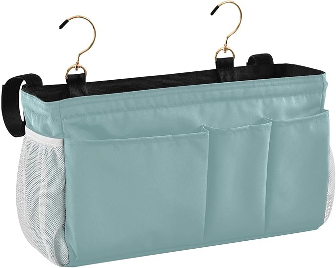 KOPIRIT Teal Bedside Caddy Storage Bag Bedside Organizer for Bunk Bed Headboards College Bedside Shelf Hanging Organizer 6 Pockets with Hooks for Glasses Book Tablet Holder