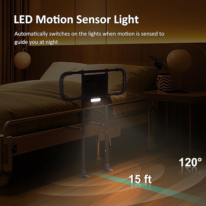 Bed Rails for Elderly Adults Safety, Elderly Assistance Products, Bed Rails for Seniors with Non-Slip Handles, Motion Sensor Light Fits King, Queen, Full, Twin (Compatible with Bed Frames 13.2"-19.7")