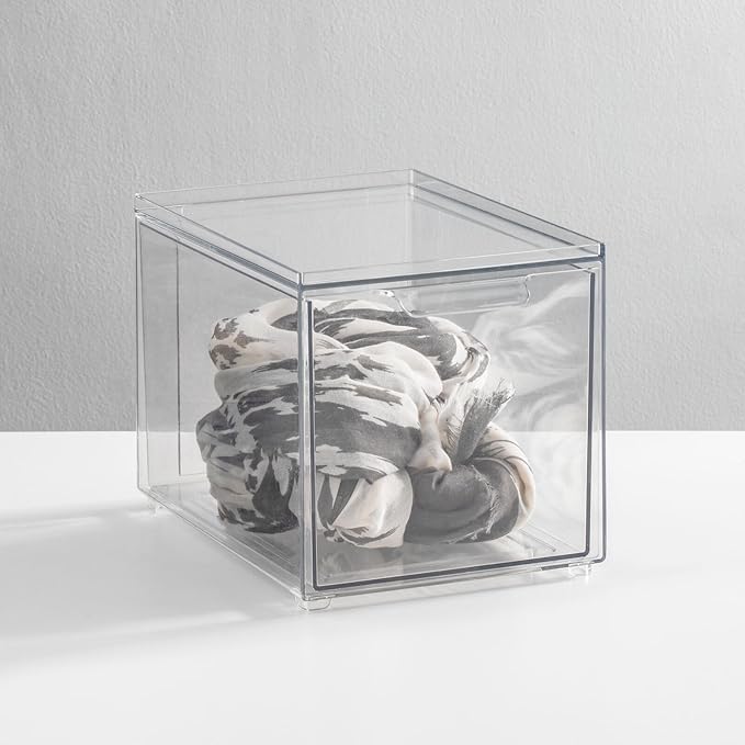 mDesign Shoe Storage Box with Drawer – Sturdy Plastic Storage Box for Shoes – Stackable Drawer Box for Shoes, Accessories and More – Pack of 4 – Clear