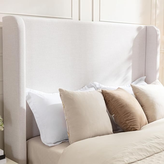 Harper Upholstered Bed with 54" Tall Headboard - Wingback Chenille Platform Bed Frame, Solid Wood Feet, Sturdy Metal Base, Easy Assembly (Textured Ivory, King (U.S. Standard))