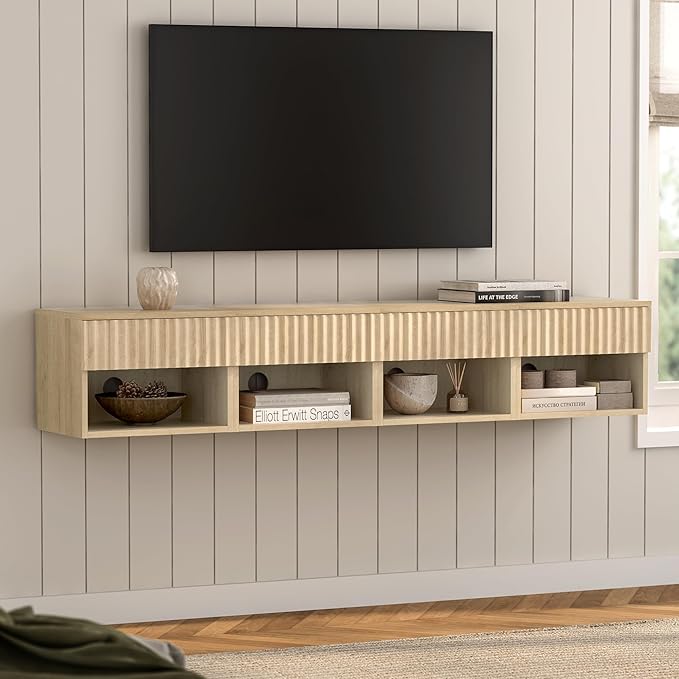 Small Floating Nightstand with Drawer, Modern Night Stand with Fluted Door and Open Storage Shelf Wall Mounted Bedside Table for Bedroom, Entryway Light Oak