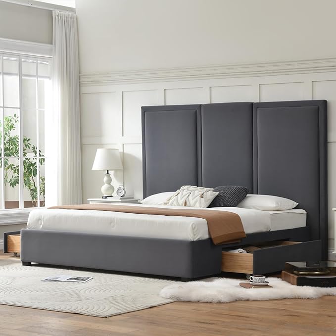 YUHUASHI King Size Bed Frame with 64-inch High Headboard, Simple and Airy Linen Upholstered Platform Bed with Storage Drawers, Wood Slat, No Noise (Grey, King (U.S. Standard))