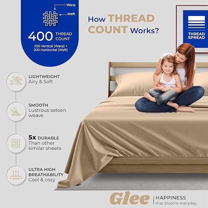 THREAD SPREAD 100% Cotton Split King Sheets for Adjustable Bed - 400 Thread Count 5 PC Sateen Split Sheet Set, Soft, Breathable Cooling Cotton Sheets, 16" Deep Pocket Split King Sheet (Taupe)