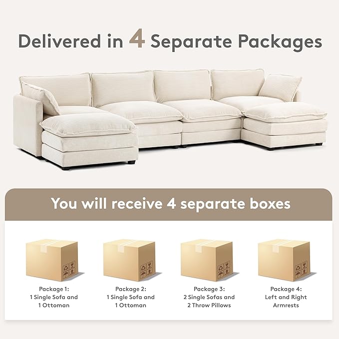ROWHY 148'' Sectional Cloud Couch with 2 Ottomans, Oversized 4 Seat Sleeper Sofa with 2 Throw Pillows, Convertible Upholstered U Shaped Cozy Sofa Furniture Set for Living Room and Office, Beige
