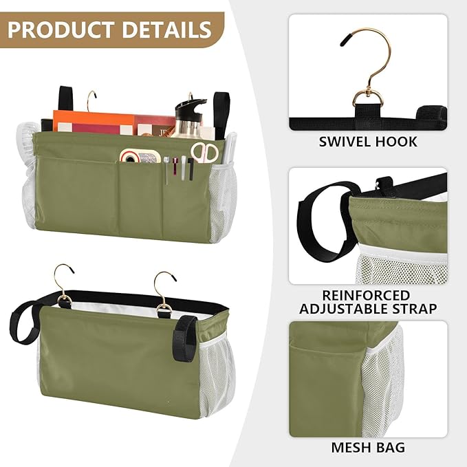 Olive Color Bedside Caddy Storage Bag Bedside Organizer for Dorm Room Top Bunk Bed Bedside Shelf Hanging Organizer 6 Pockets with Hooks for Glasses Book Tablet Holder
