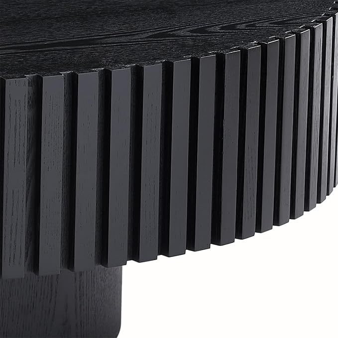 LKTART Round Coffee Table for Living Room, Accent Fluted Drum Coffee Table with Storage, Modern Solid Wood Circle Center Tea Table for Small Space Apartment (31.5''D×14''H-Black)