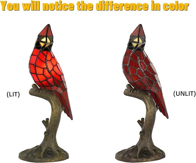 Cardinal Tiffany Style Accent Table Lamp in Height 14.5" Overall, Handmade Stained Glass Red Bird Lamp for Bedside Livingroom Bedroom Home Decoration (Red Cardinal)