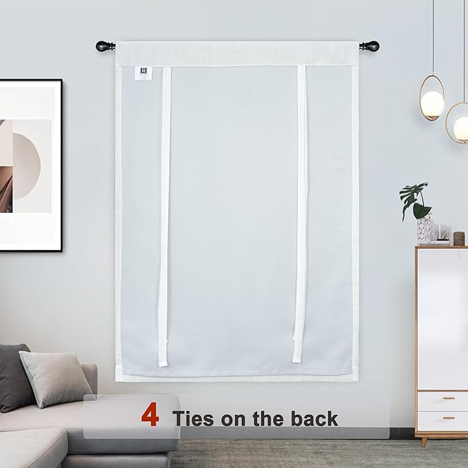 DriftAway Double Layer Linen Blackout Tie Up Curtains Thermal Insulated Fully Lined Balloon Roman Shade Bathroom Window Adjustable Rod Pocket for Small Window 39 Inch by 55 Inch White