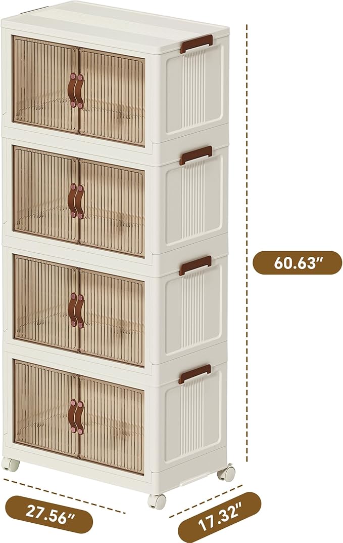 130 QT Large Plastic Storage Bins with Lids Open Front, Stackable Storage Containers with Wheels for Clothes, Home, Room, White, 4 Tiers