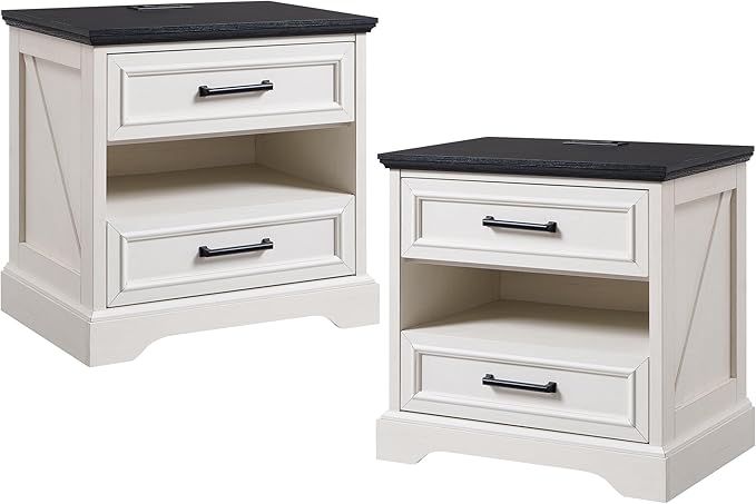 ACCOHOHO 24" Farmhouse Nightstand Set of 2 with Charging Station, 2 Drawers Large Bedside Table with Open Shelf, Rustic End Table for Bedroom - White